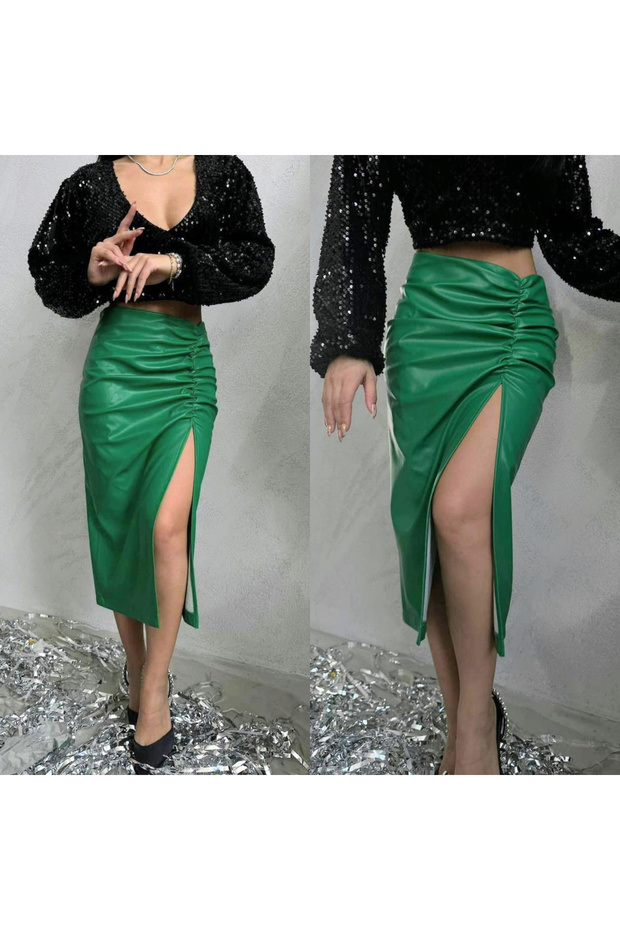 Fusta Midi din Piele , Verde - 1