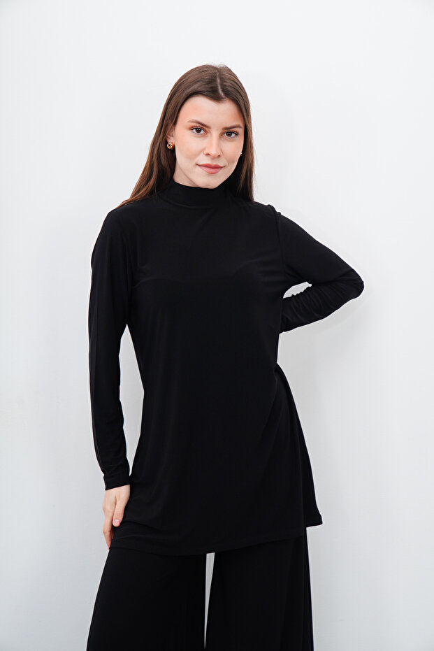 High Collar Sandy Tunic-Black