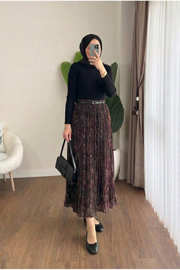 Belted Waist Belted Shawl Patterned Pleated Skirt