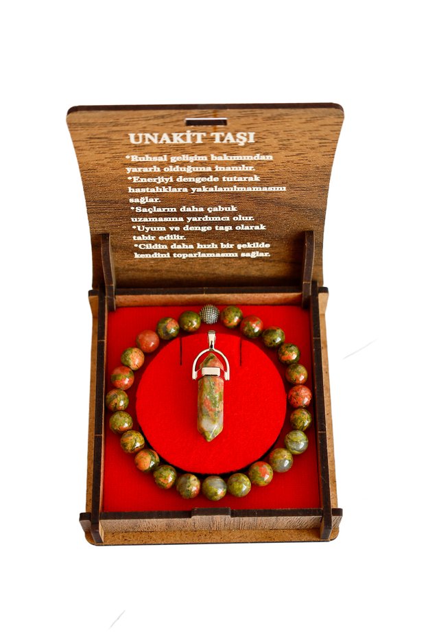 Unakite Stone Boxed Bracelet and Necklace Set – Natural Stone – Wooden Gift Box – for Women & Men