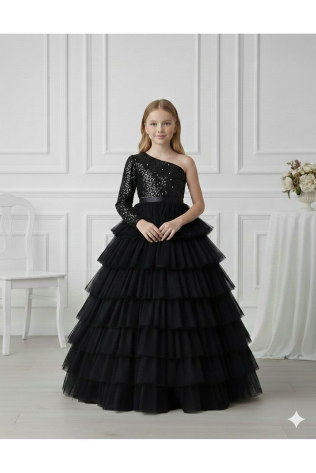 Girl's One-Shoulder Sequined Layered Tulle Detailed Black Evening Dress, Girl's Graduation Dress