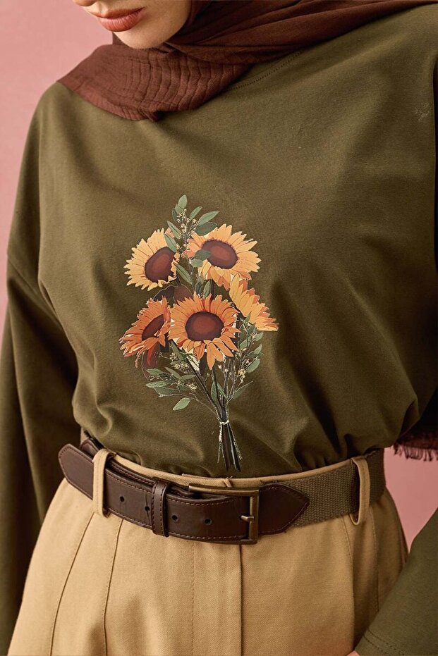 Haki Ay Çiçeği Baskılı Basic Body - 3