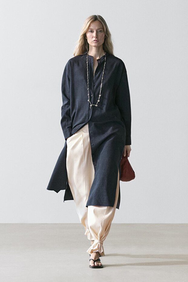 Dökümlü gömlek midi elbise - 1