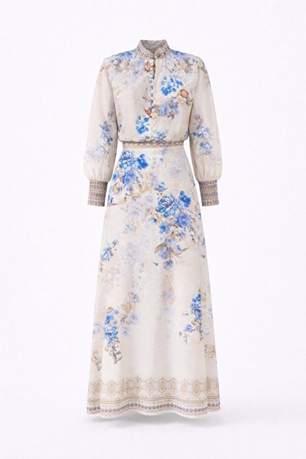 Blue Floral Patterned Shirt and Skirt Set