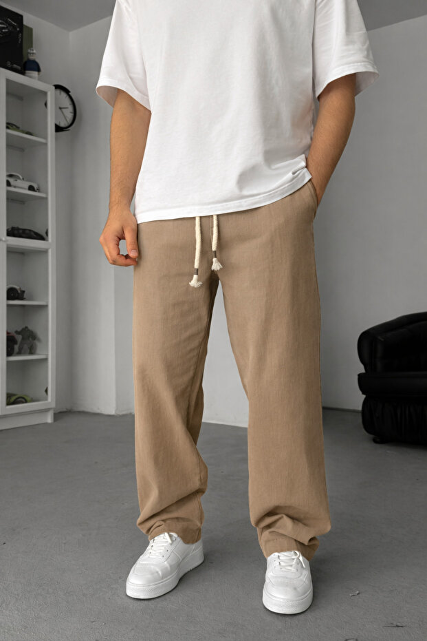 Men's Beige Baggy Cut Linen Blend Muslin Trousers Breathable Fine Woven Structure