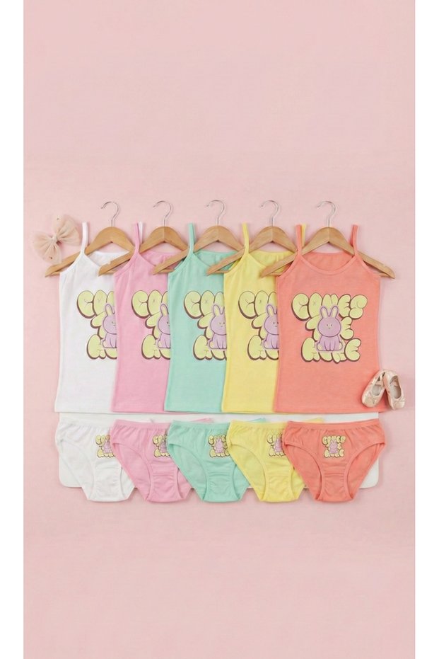 Girls' Printed Tank Top and Underwear Set Economic Pack of 5 100% Cotton