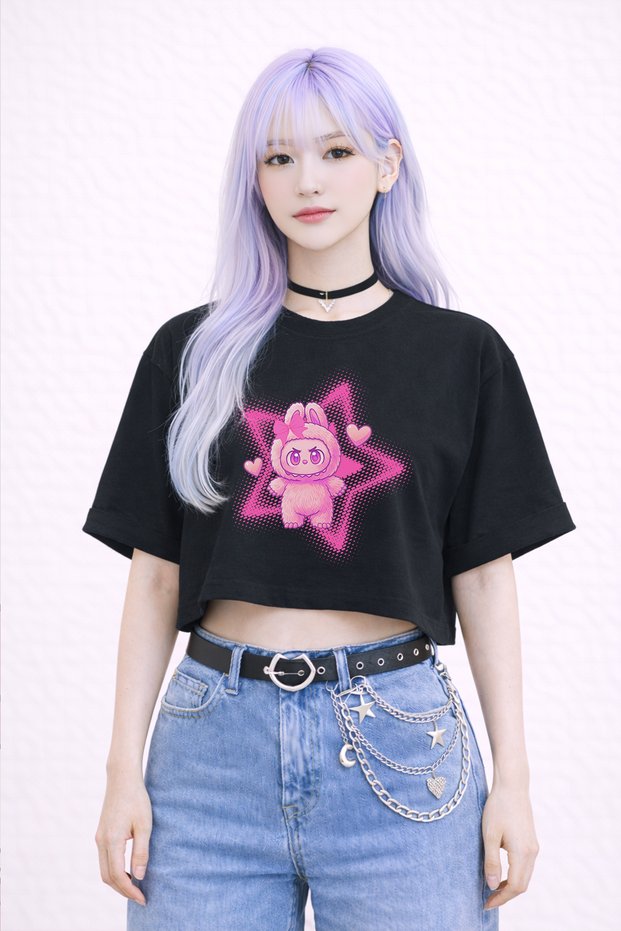 Printed White Semi Cropped T-Shirt – Oversized Cut 100% Cotton Women's T-Shirt