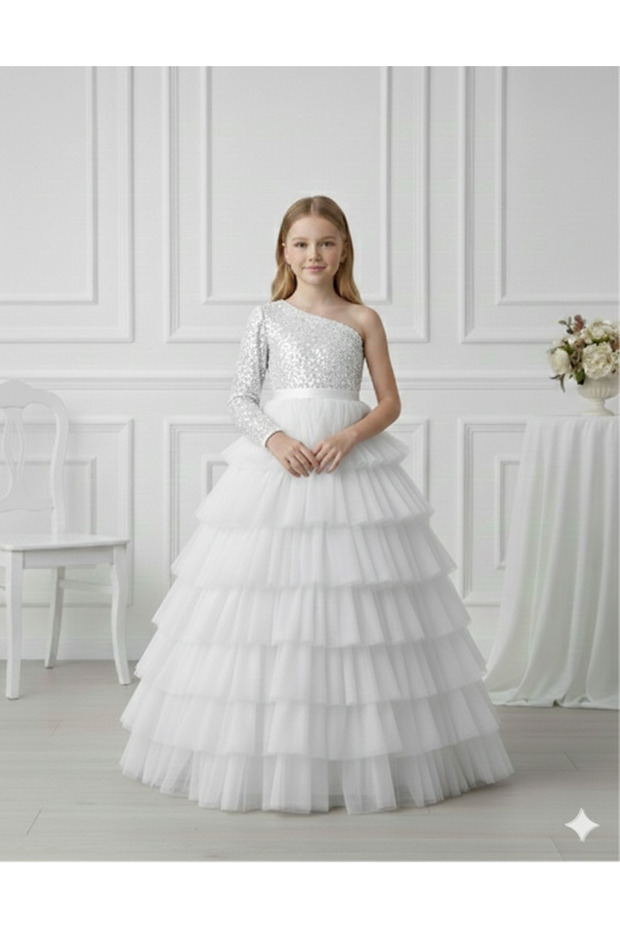 Girl's One-Shoulder Sequined Layered Tulle Detailed White Evening Dress, Girl's Graduation Dress