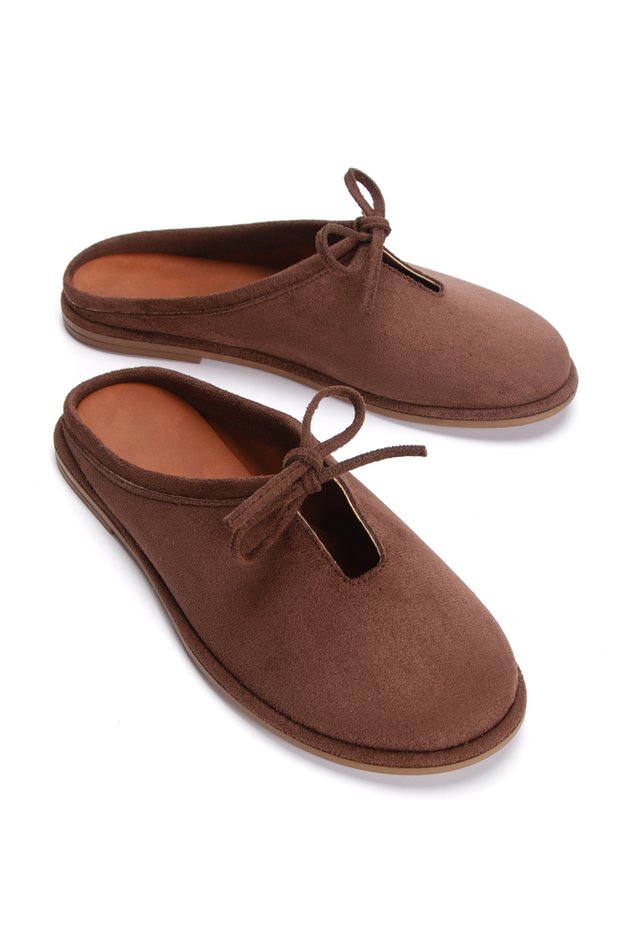 Women's Suede Bow Detailed Casual Slippers 6344 Brown Suede