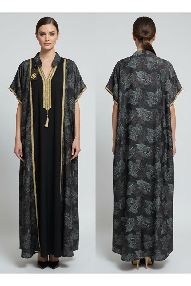 كاب أسود بنقوش رمادية خفيفة مع عباية داخلية سوداء وتطريز ذهبي.