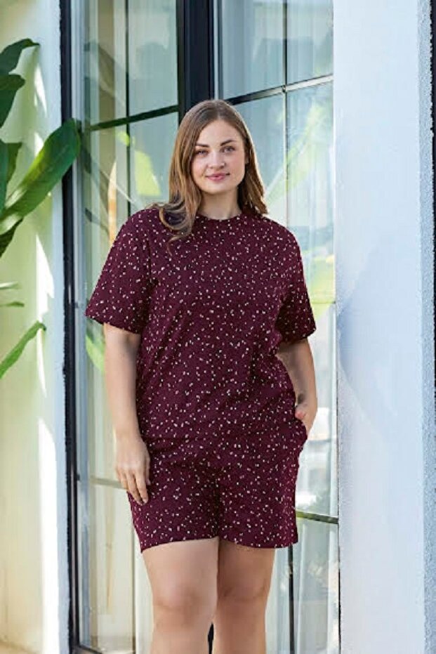 Women's Burgundy White Polka Dot Shorts Pajama Set - Short Sleeve Cotton Set