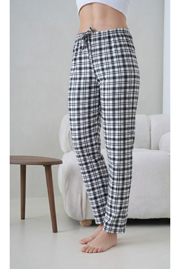 Women's Pajama Bottoms Summer Navy Blue White Plaid Patterned Cotton Breathable Fabric - Elastic Waist with Decorative Laces (M-5Xl)