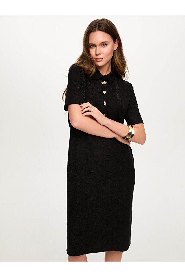 Gold Düğmeli Simli Örme Elbise S26ELB008 - 4