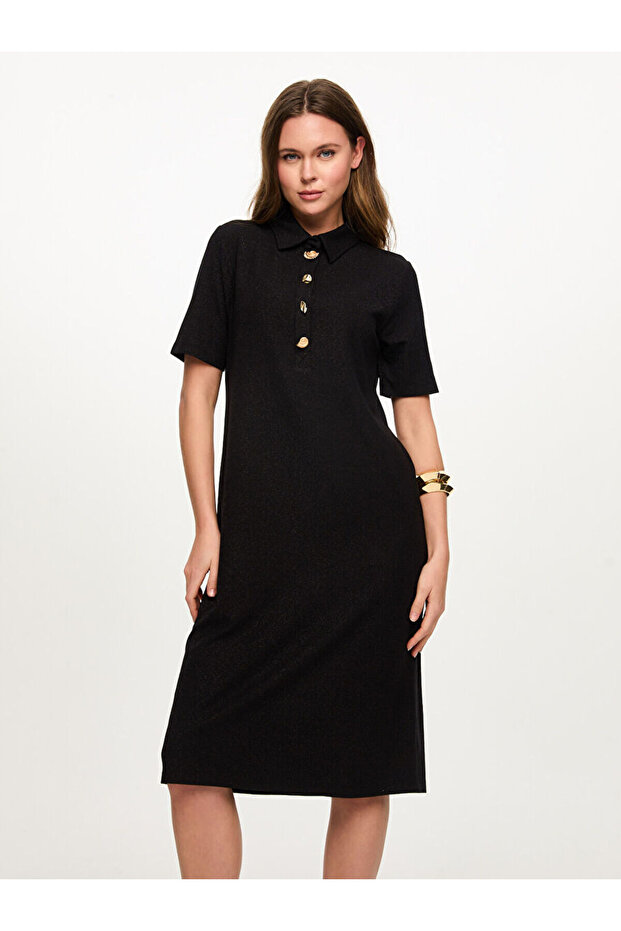 Gold Düğmeli Simli Örme Elbise S26ELB008 - 2