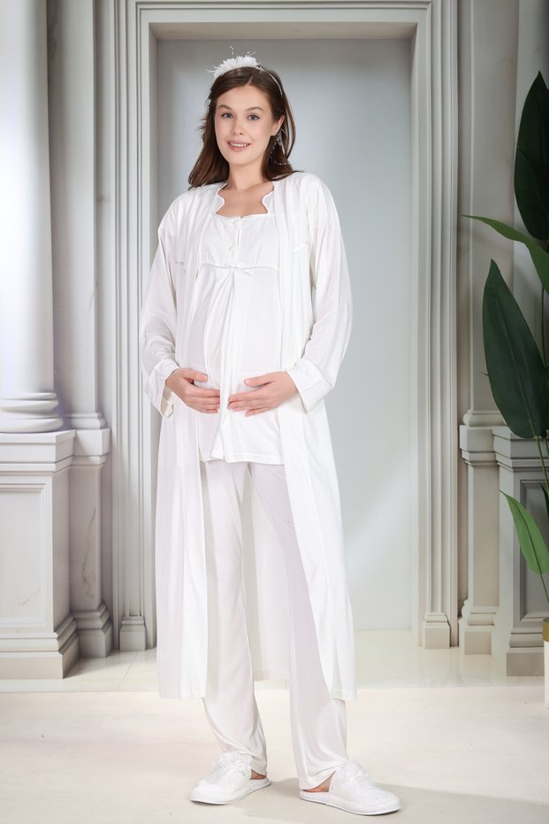 New Season Ecru Long Dressing Gown with Scallop Detail Special Design Summer Maternity Dressing Gown Pajama Set