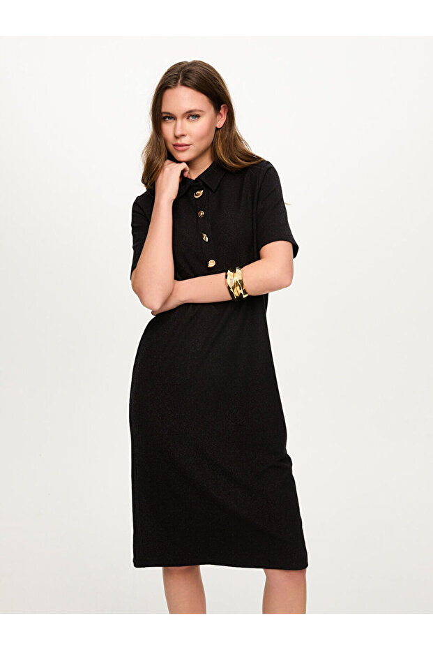 Gold Düğmeli Simli Örme Elbise S26ELB008 - 3