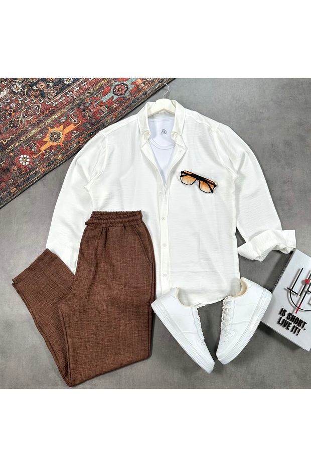 Men's Linen Textured Shirt and Pants Set 2-Piece