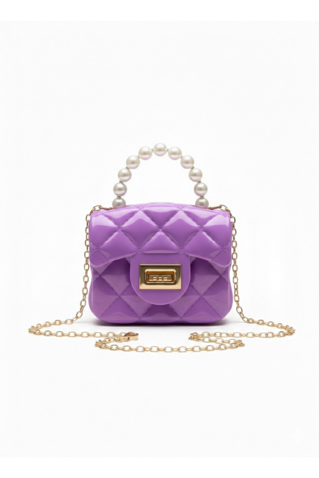 Patent Leather Purple Pearl Detail Silicone Crossbody Shoulder Bag Women's Teenage Girls Children Baby Gift