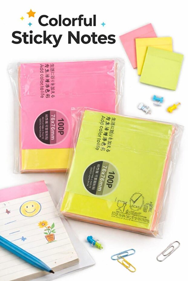 Sticky Notes 6 -Pack Neon Colors – 100 Sheets Each Pack | Total 600 sheets (76x76mm).