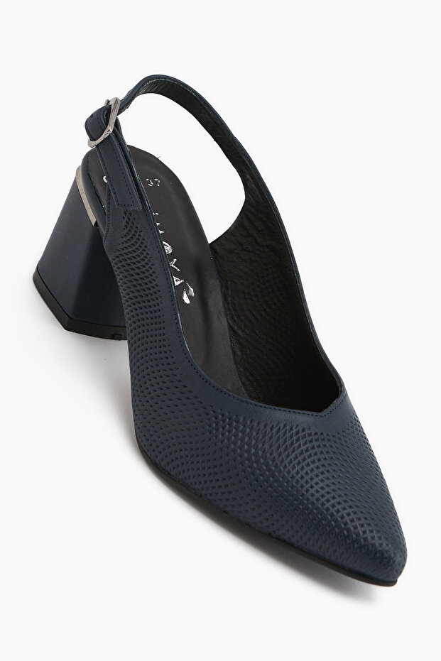 Ravina Genuine Leather Navy Blue Women's Heeled Shoes