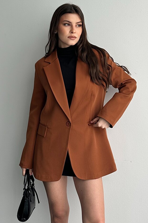 Kadın Taba Düğmeli Oversize Blazer Ceket - 2