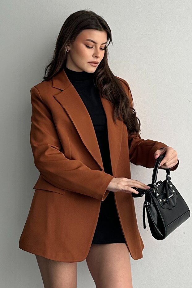 Kadın Taba Düğmeli Oversize Blazer Ceket - 4