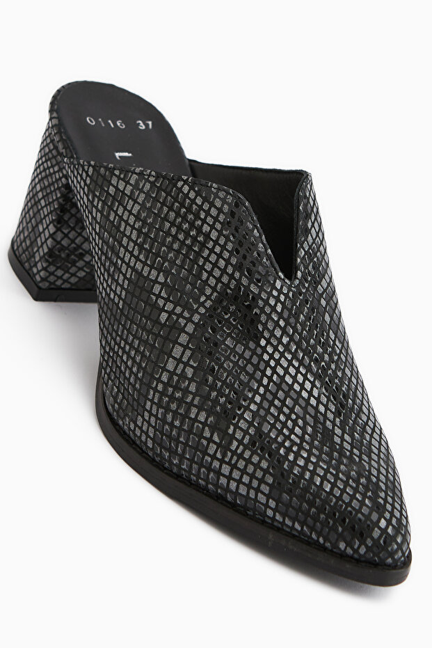 Rachel Genuine Leather Black Snake Pattern Women's Heeled Slippers