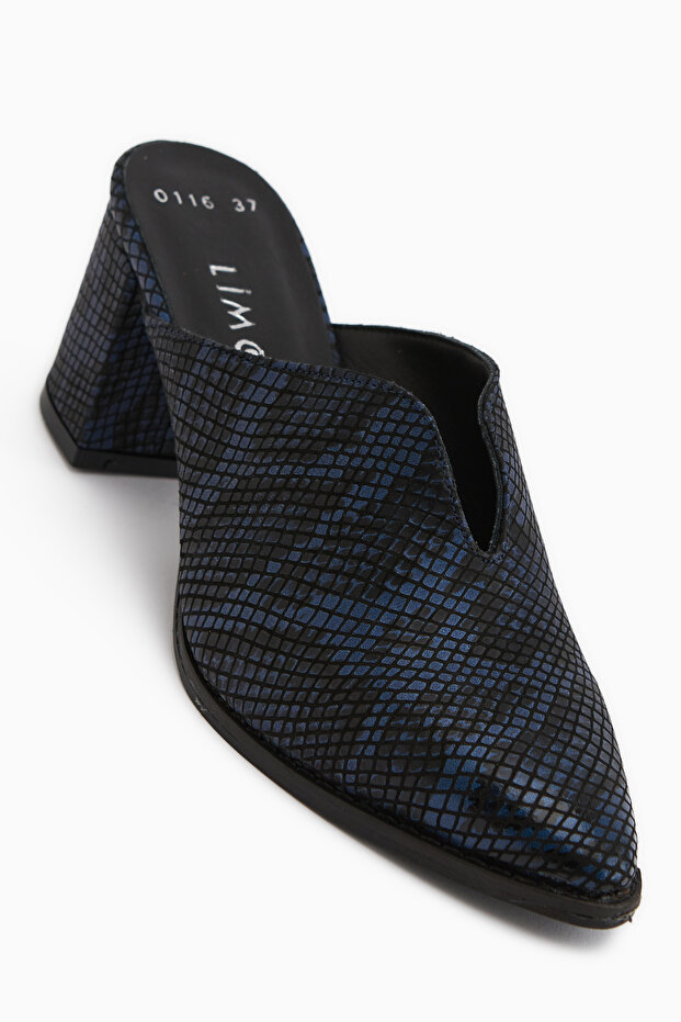 Rachel Genuine Leather Navy Blue Snake Patterned Women's Heeled Slippers