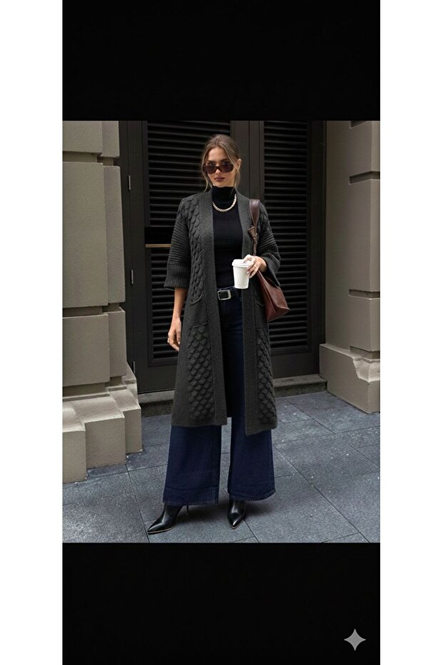 Tricot Knitted Pocketed Patterned Long Cardigan