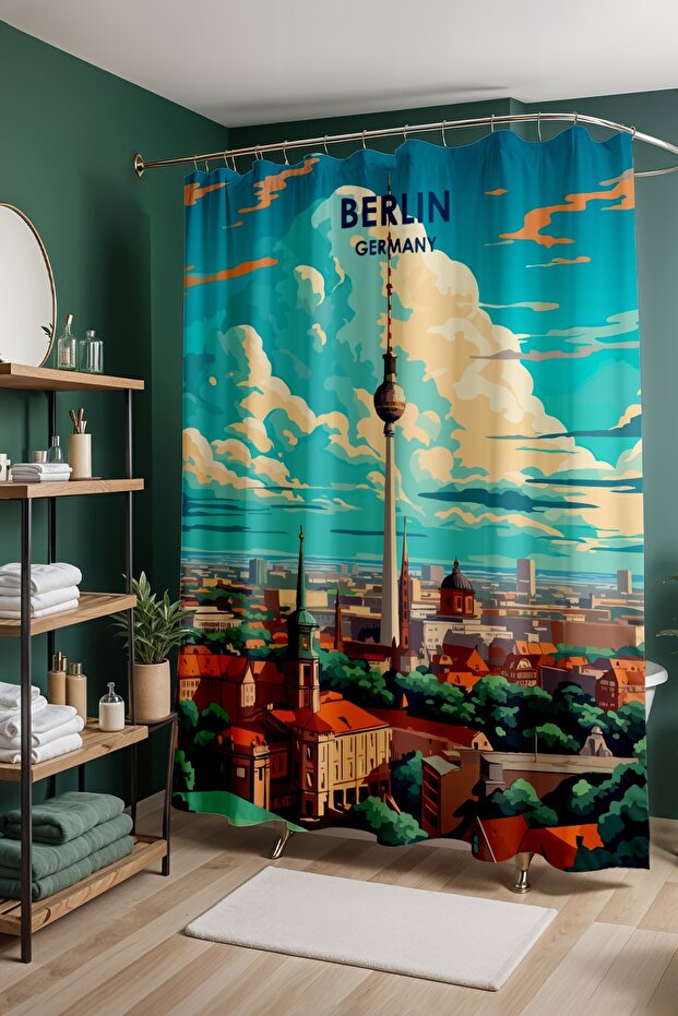 Bathroom Curtain, Berlin Landscape Patterned Shower Curtain, Bathtub Curtain 175X200Cm