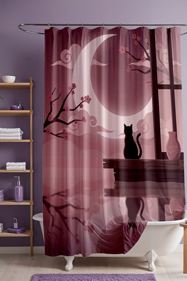 Bathroom Curtain, Pink Moon Fairy Tale Patterned Shower Curtain, Bathtub Curtain 175X200Cm