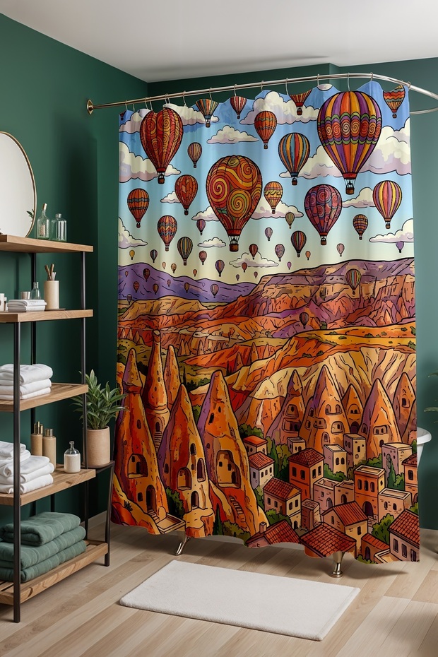 Bathroom Curtain, Balloons Valley Patterned Shower Curtain, Bathtub Curtain 175X200Cm