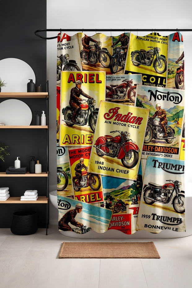 Bathroom Curtain, Retro Motor Brands Patterned Shower Curtain, Bathtub Curtain 175X200Cm