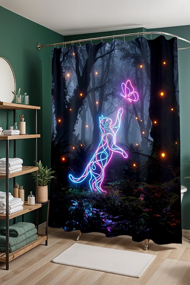 Bathroom Curtain, Shining Cat Pattern Shower Curtain, Bathtub Curtain 175X200Cm