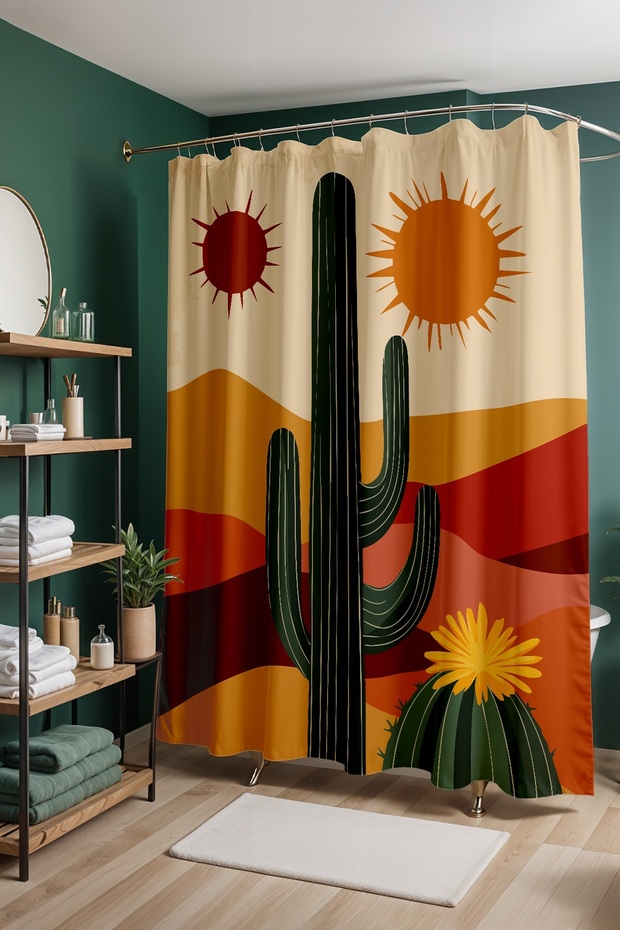 Bathroom Curtain, Desert and Cactus Patterned Shower Curtain, Bathtub Curtain 175X200Cm