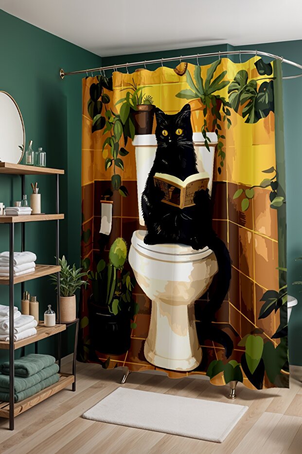 Bathroom Curtain, Cute Reading Cat Patterned Shower Curtain, Bathtub Curtain 175X200Cm