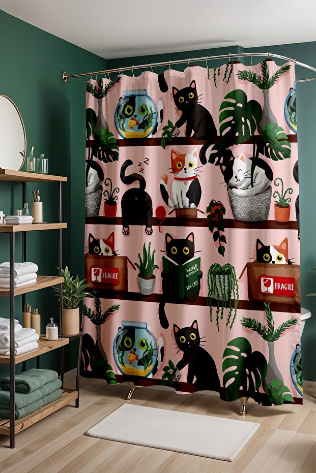 Bathroom Curtain, Naughty Cats Patterned Shower Curtain, Bathtub Curtain 175X200Cm