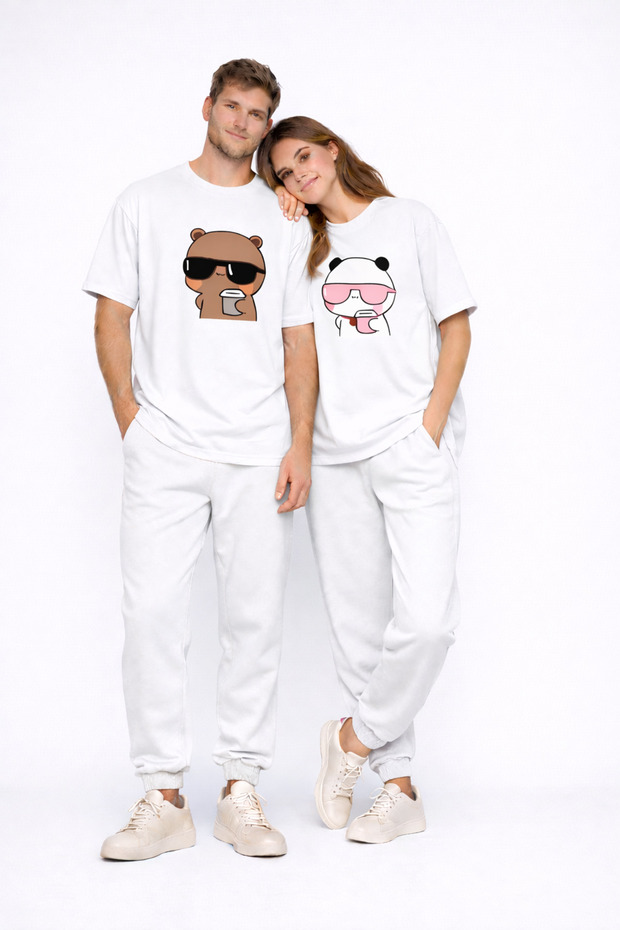 Lover Couple Panda Cup Printed Couple T-Shirt Oversize Unisex Couple Set Gift