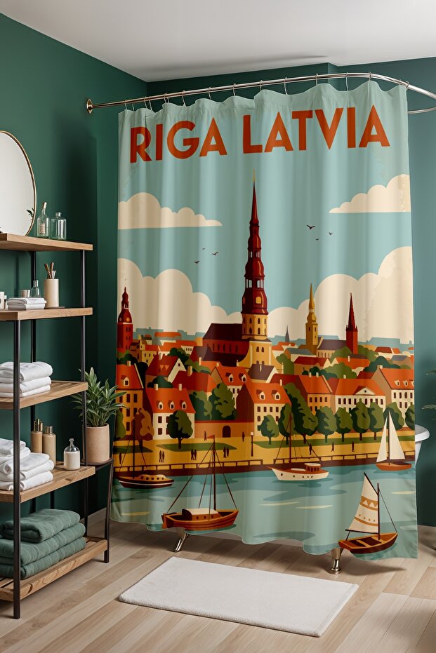 Bathroom Curtain, Riga Landscape Patterned Shower Curtain, Bathtub Curtain 175X200Cm