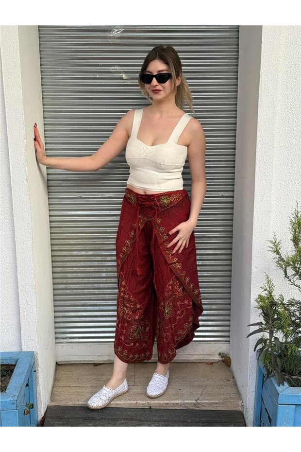 Brick Red Ethnic Embroidered Trousers with Cap