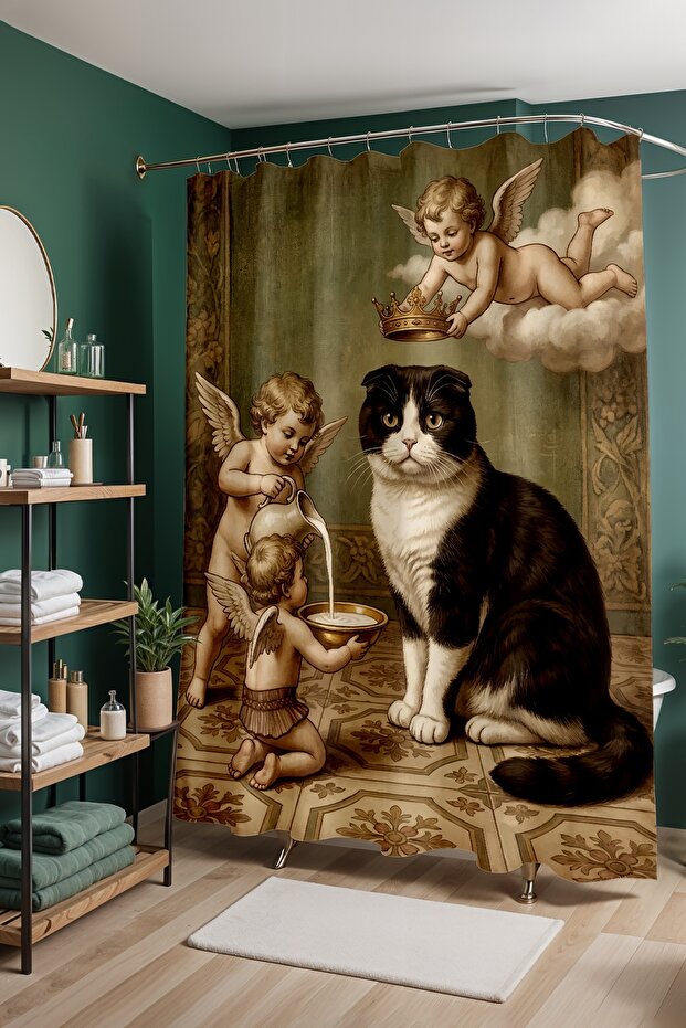Bathroom Curtain, Royal Cat and Angels Pattern Shower Curtain, Bathtub Curtain 175X200Cm