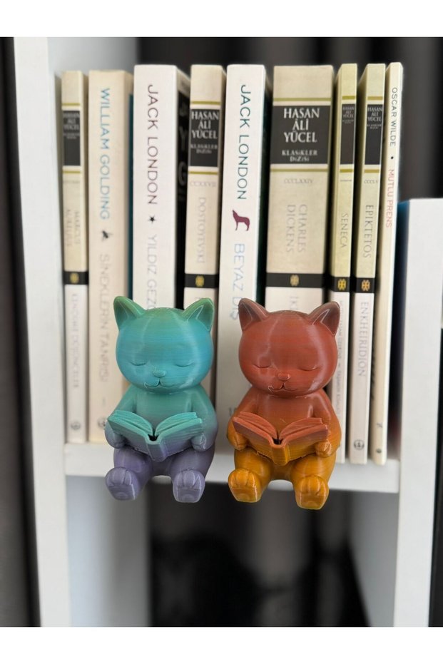 Reading Cat Bookshelf Accessory Set of 2 with Support Apparatus - Decorative Double Object