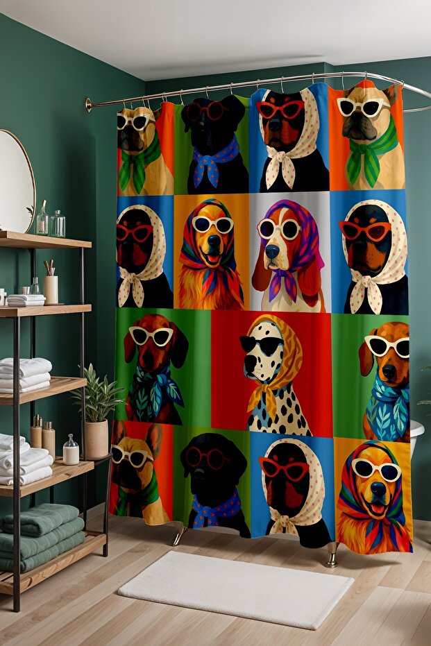 Bathroom Curtain, Dogs with Scarves Patterned Shower Curtain, Bathtub Curtain 175X200Cm