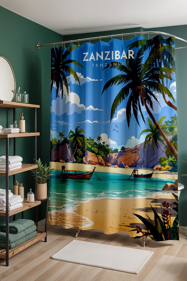 Bathroom Curtain, Turquoise Escape Patterned Shower Curtain, Bathtub Curtain 175X200Cm
