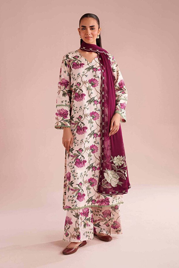 3 Piece - Printed Embroidered Suit - PE 26-70