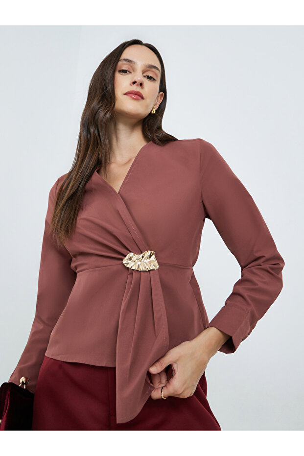 Brown Pleated Buckle Detail Long Sleeve Blouse