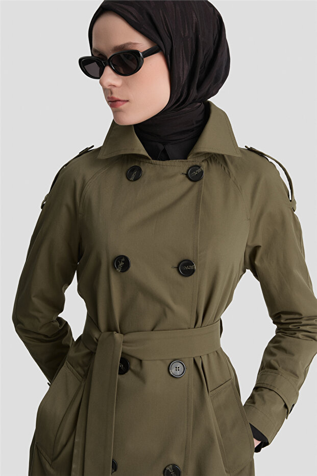 Düğmeli Basic Trençkot Haki - 3