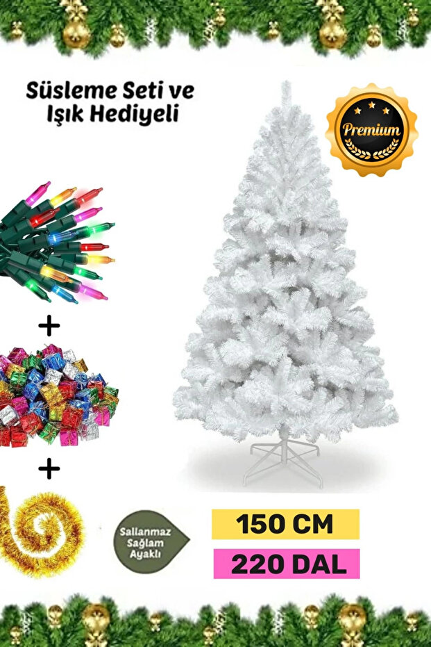 Genel Markalar Premium Süsleme Set Yılbaşı Beyaz Çam Ağacı Renkli Işığı Yeni Yıl Süsleri Noel Paketi 150 Cm 220 Dal