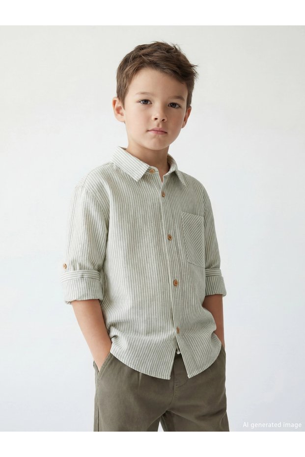 Lcw Kids Green Striped Linen Mixed Boys' Shirt