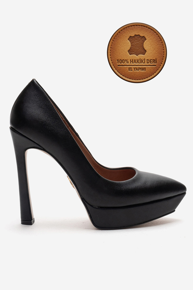Genuine Leather Women's Black Leather Platform Heeled Shoes Pointed Toe Evening Dress Shoes Sienaderi